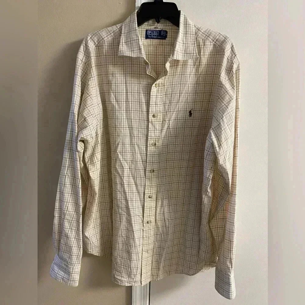 Polo Ralph Lauren button front shirt casual cream plaid cotton XL